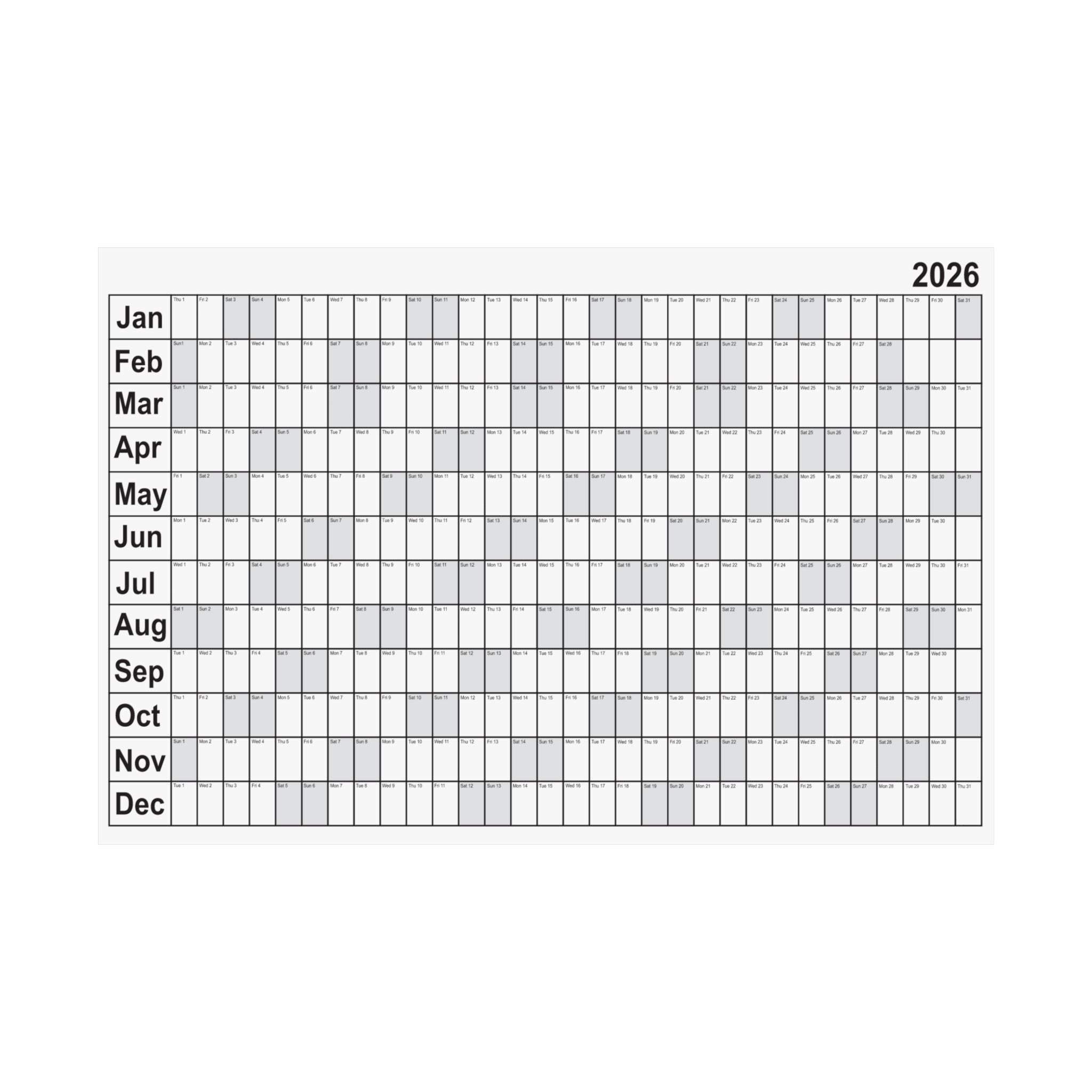 2026 Yearly Wall Calendar - Black