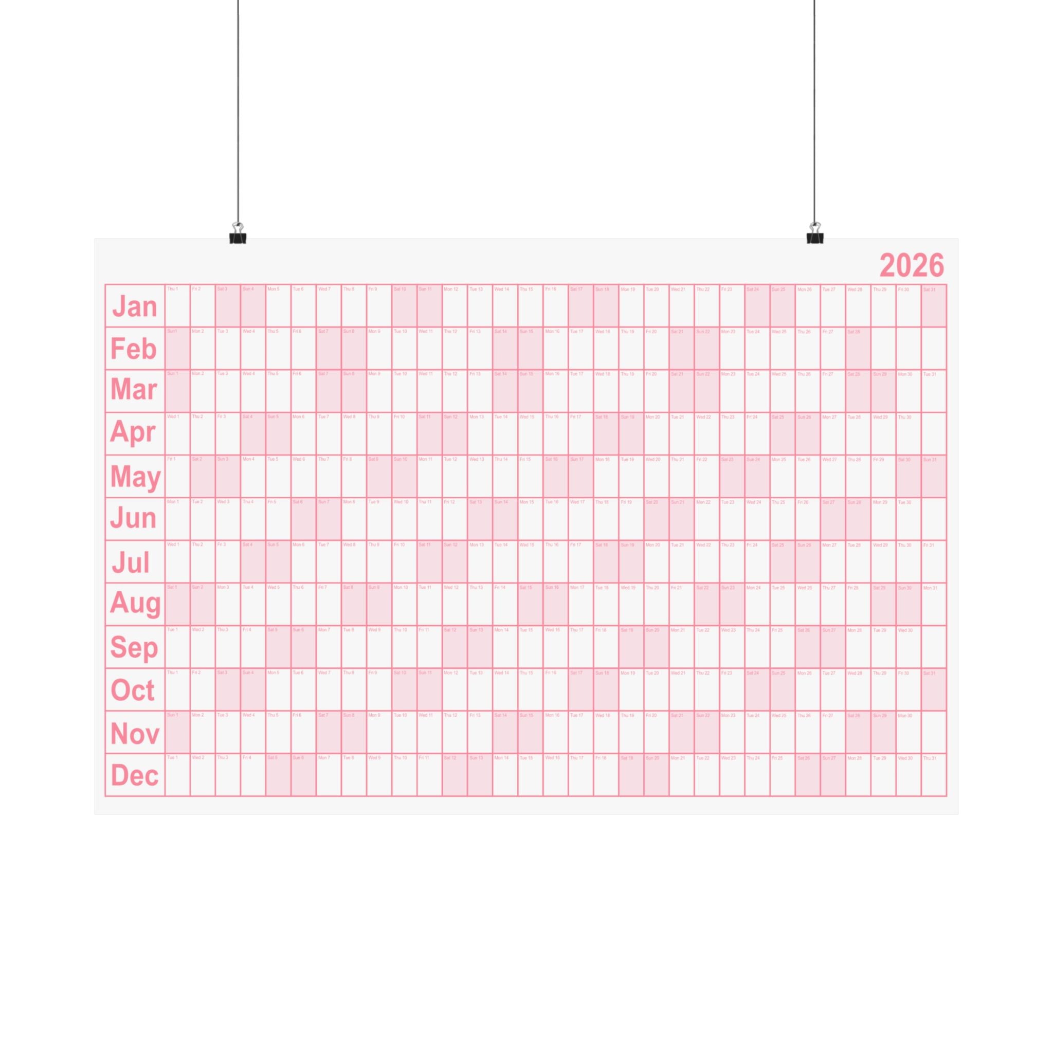 2026 Yearly Wall Calendar - Pink