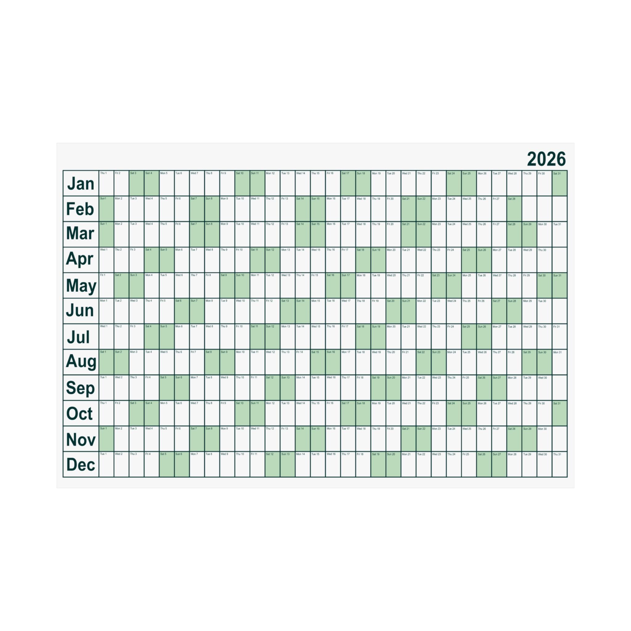 2026 Yearly Wall Calendar - Green