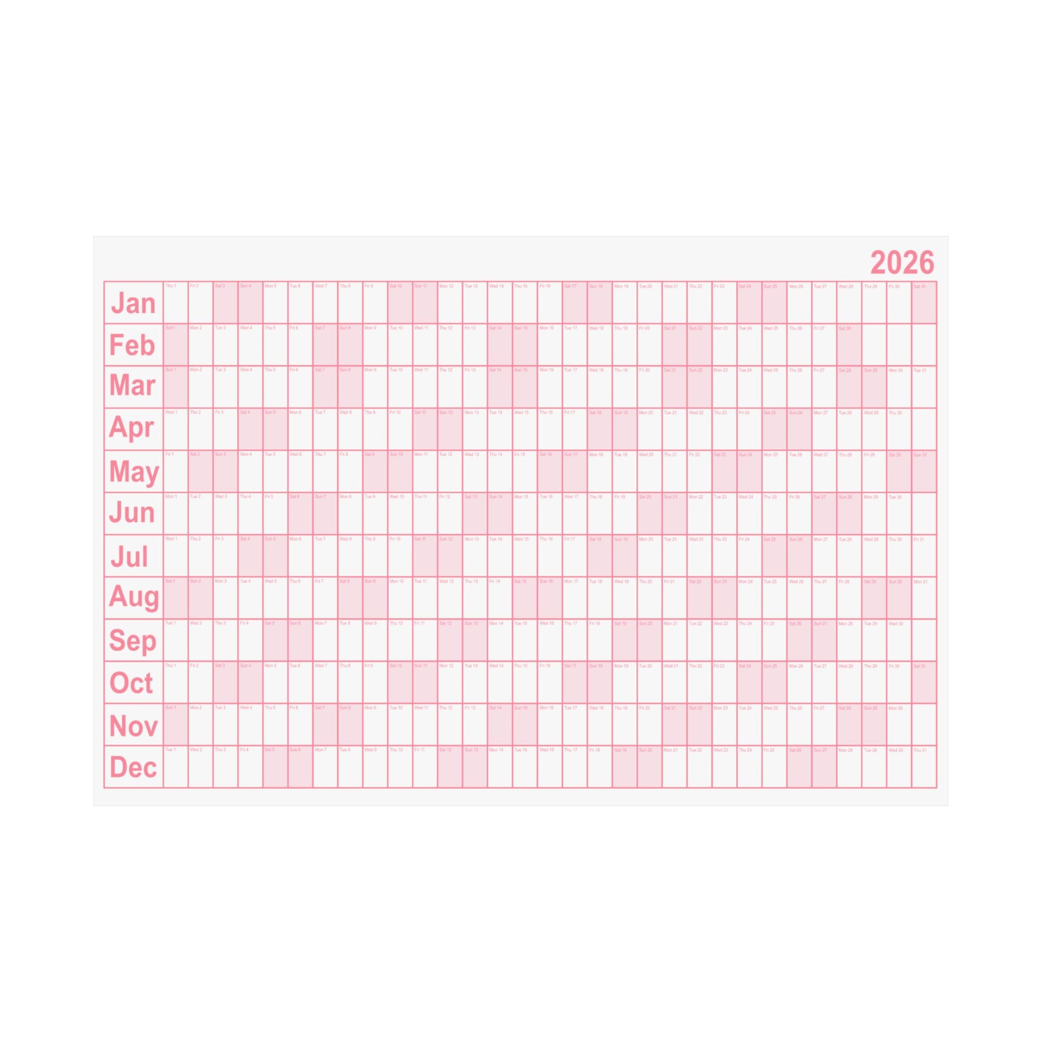 2026 Yearly Wall Calendar - Pink