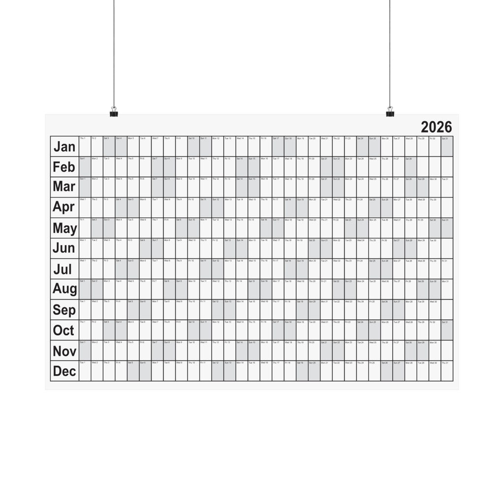 2026 Yearly Wall Calendar - Black