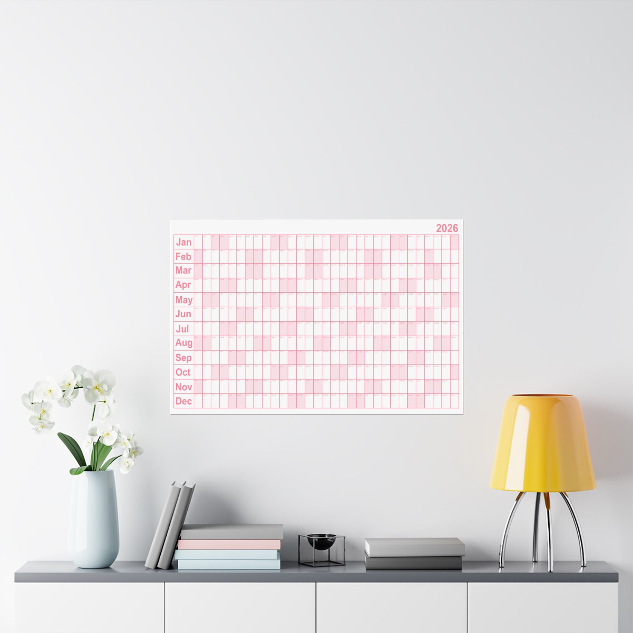 2026 Yearly Wall Calendar - Pink