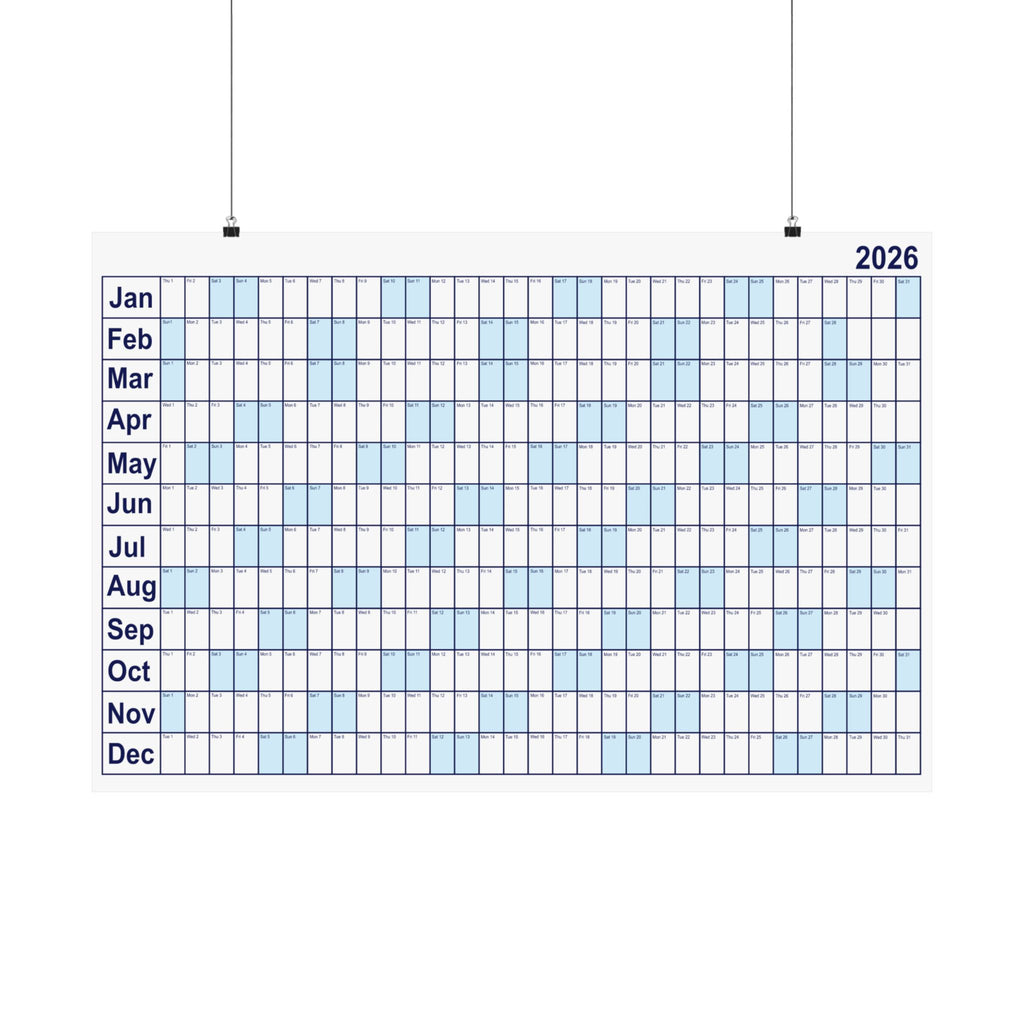 2026 Yearly Wall Calendar - Blue