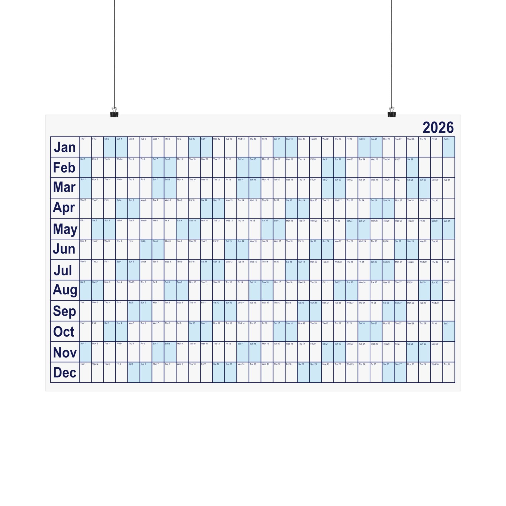 2026 Yearly Wall Calendar - Blue